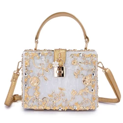 Bolso de mano de acrílico dorado con diamantes de lujo para mujer, bolso cruzado Vintage con cierre de giro, bolso de mano elegante de noche para banquete de boda