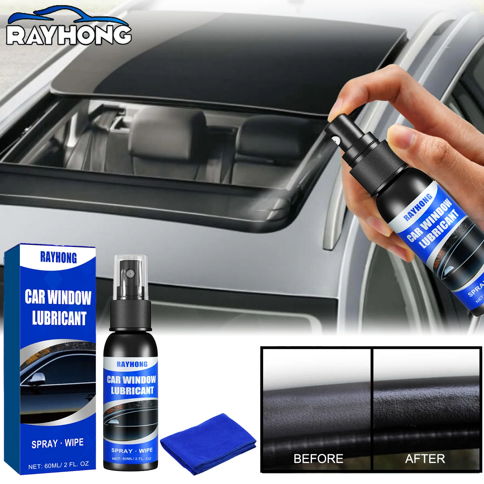 Car Window Lubricant Spray 60ml for Squeaky Windows Sticking Eliminator Weatherstrip Seal Conditioning Anti Noise PTFE Formula
