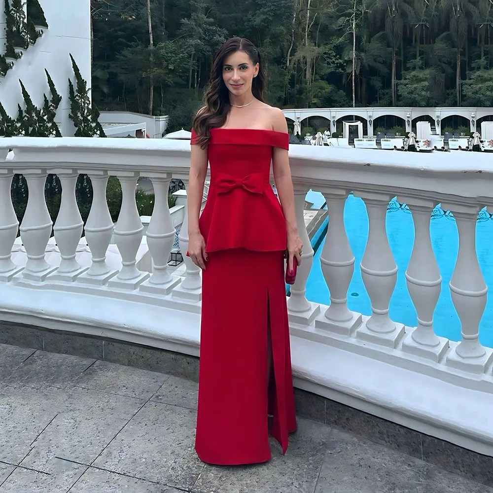 

Msikoods Красные платья для выпускного вечера с открытыми плечами 2025 Платье для гостей с баской и бантом Элегантное длинное вечернее платье с разрезом для вечеринок для женщин по индивидуальному заказу