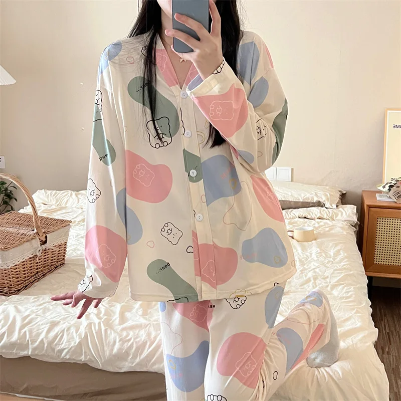 Spring Autumn Ladies Homewear Clothing Clothes 2pcs/sets Long-sleeved Trousers Homewear Pajama Autumn Winter Women Pajama Suit