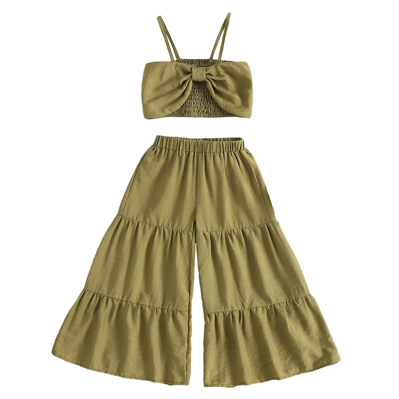 Little Girl Pants Outfit Bowknot Cami Tops with Elastic Waist Tiered Wide Leg Trousers 2Pcs Summer Clothes