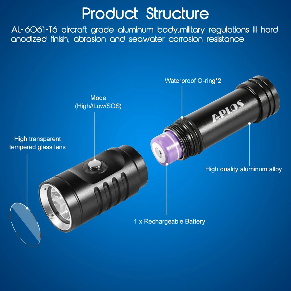 APLOS AP01 1050 Lumens Diving Flashlight XM-L2 5000k LED Scuba Dive Light, IPX8 Waterproof Underwater 100m Rechargeable Torch