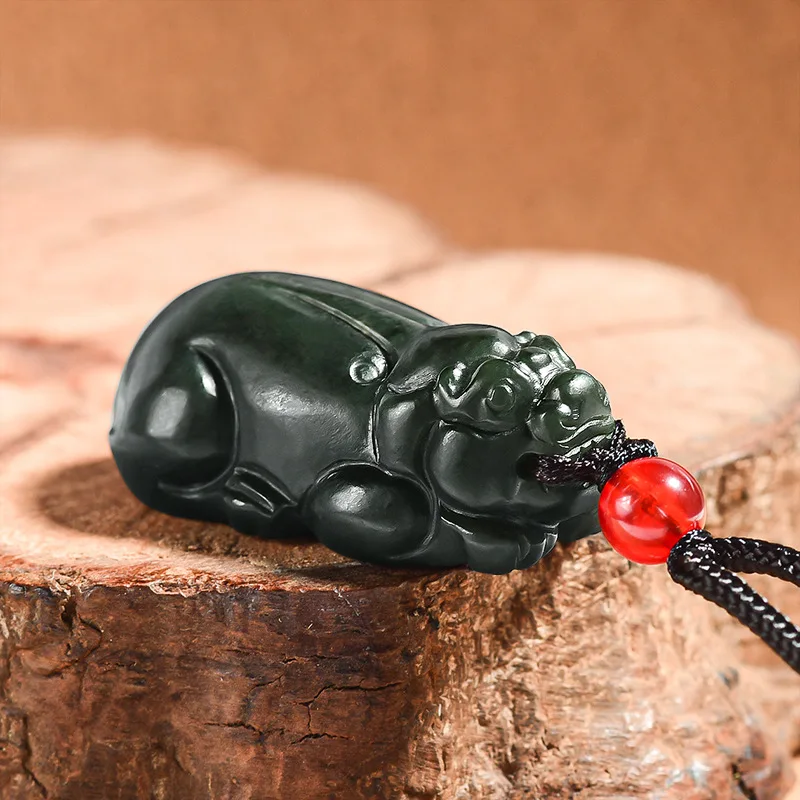 Natural Old Material Hetian Green Jade Pixiu Pendant Jadeite Necklace Men And Women