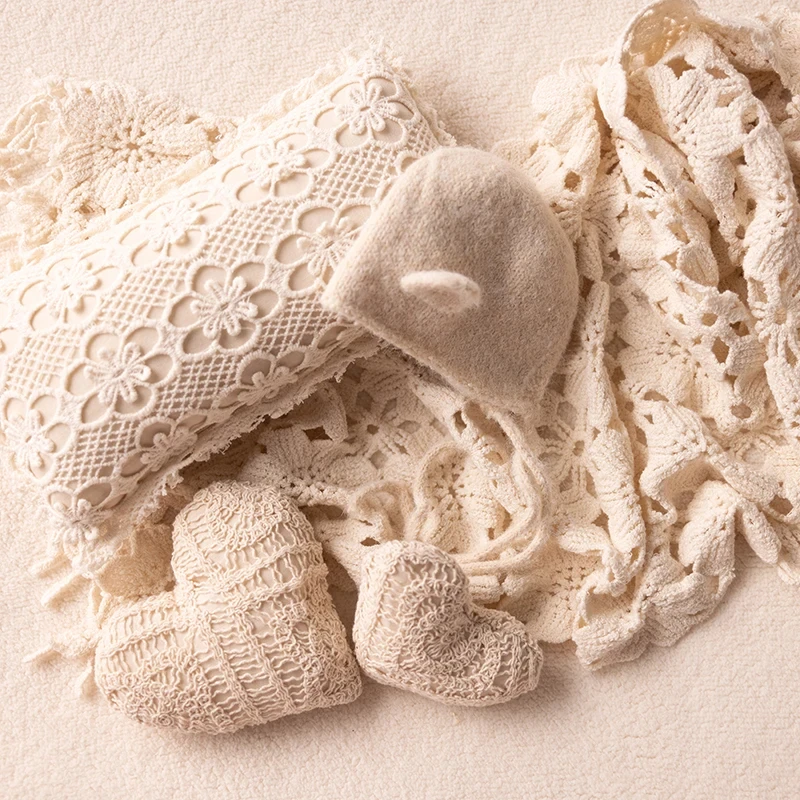Newborn Knit Bear Hat and Jumpsuit Photography Outfit Heart Posing Props Ins Style Blanket and Pillow Studio Photography Costume