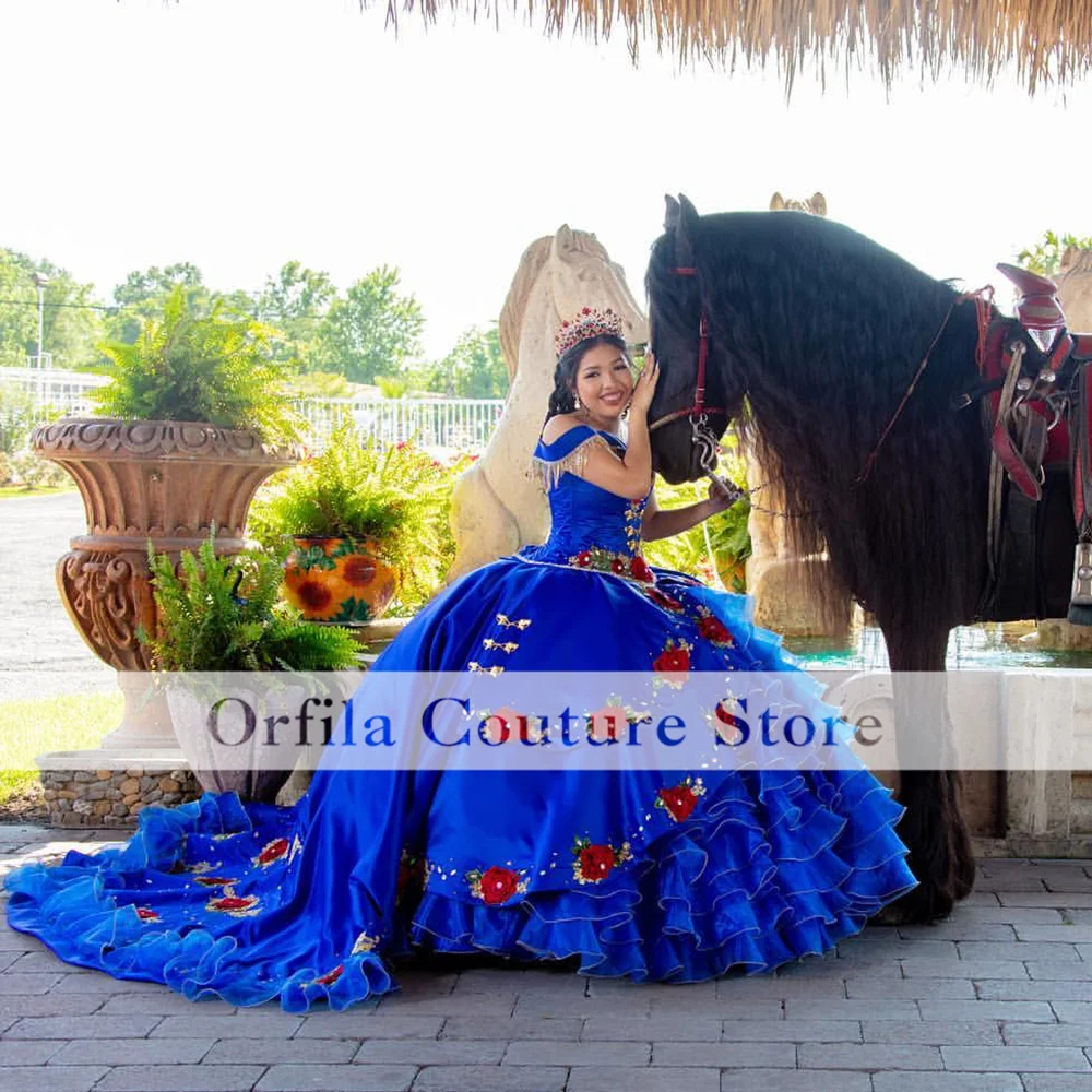 Charro vestidos de 15 años Blue Embroidery Quinceanera Dresses Off The Shoulder Sweet 16 Mexican Girls XV Prom Gowns