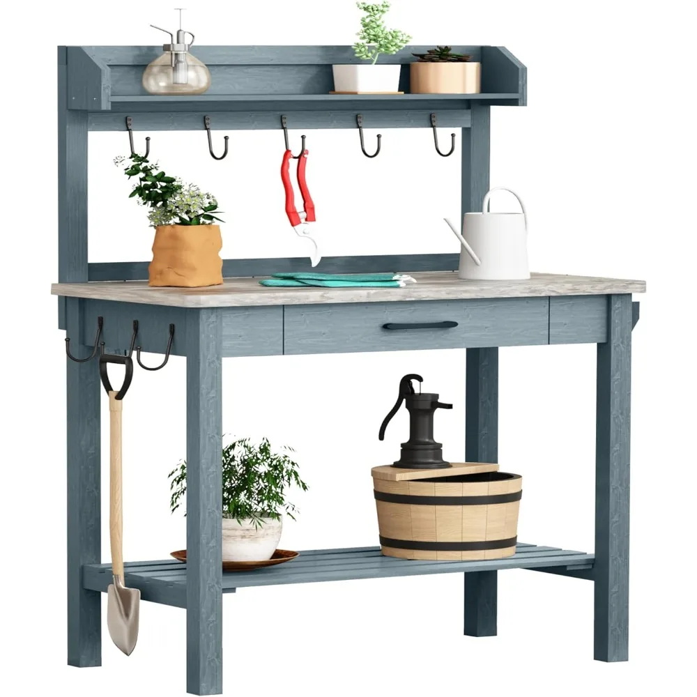 

Outdoor Potting Bench Table with Metal Tabletop, Planting Table Potting Work Station with Storage Drawer and Removable Shelf Rac