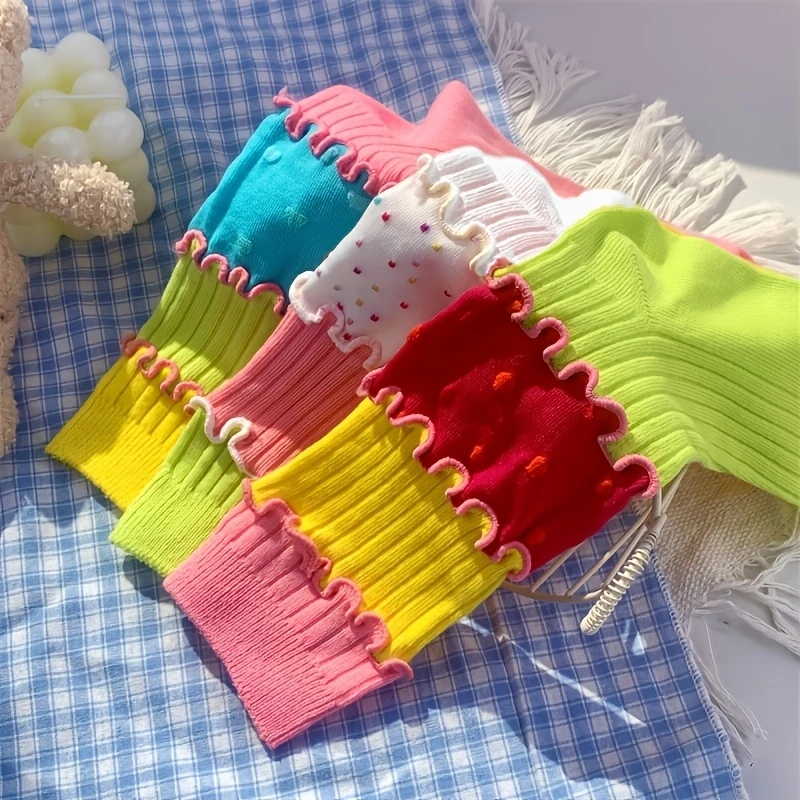 3-pair Random Sweet Girly Versatile Color-Block Ruffle Mid-Calf Socks Women Beautiful Crew Dress