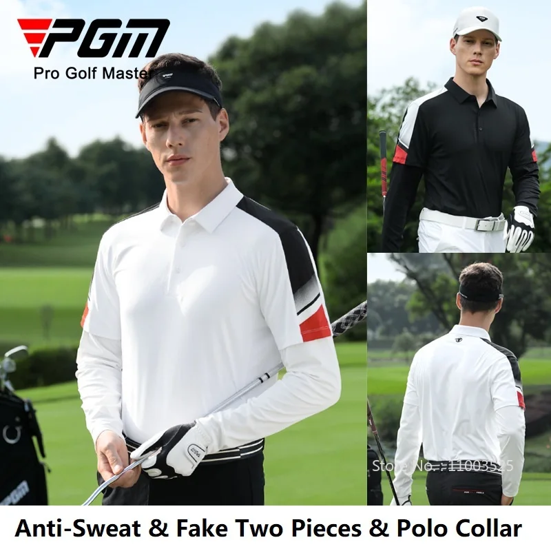 

PGM Golf Clothing Men Long-sleeve T-shirt Fake Two Pieces Sports Tops Male Turn Down Collar Polo Shirt New Quick-dry Autumn Tees