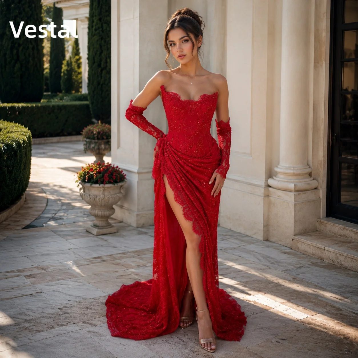 

Red Lace Strapless Mermaid Prom Dress High Slit Detachable Sleeves Floor-Length Formal Party Cocktail Gown Customized