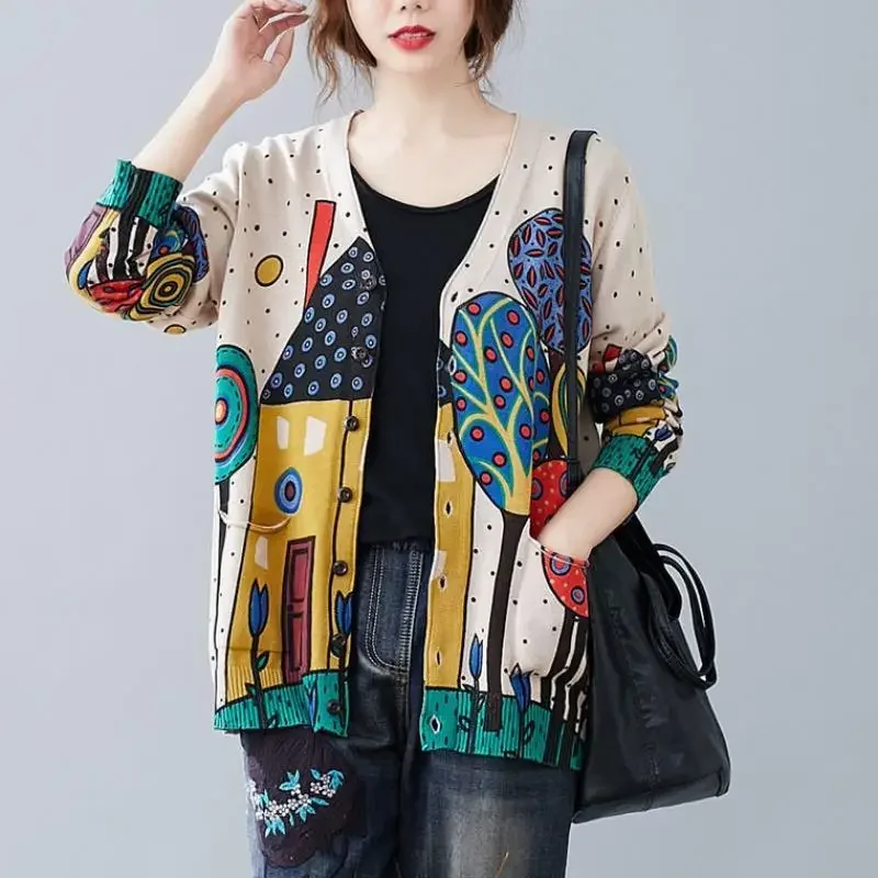

Jacquard Vintage Women Cardigans Sweaters Spring Autumn Long Sleeve Loose Knitted Shirt New Fashion Korean Clothing Coats