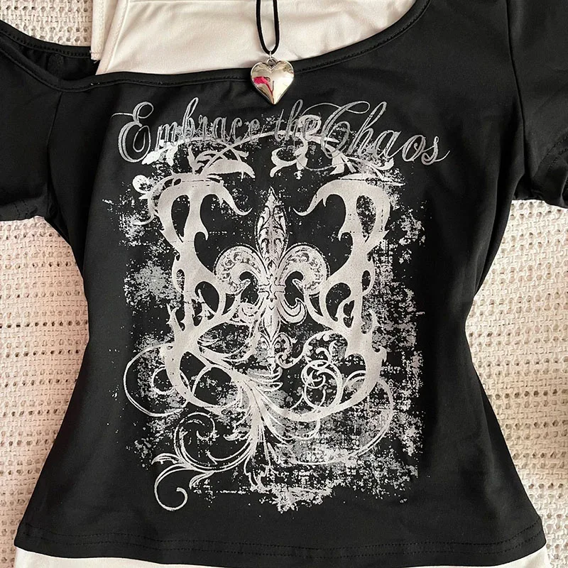 여성 90년대 빈티지 펑크 티셔츠 여름 streetwear 섹시한 반팔 고딕 슬림 크롭 탑 hotgirl 캐주얼 femme tee 하라주쿠 y2k