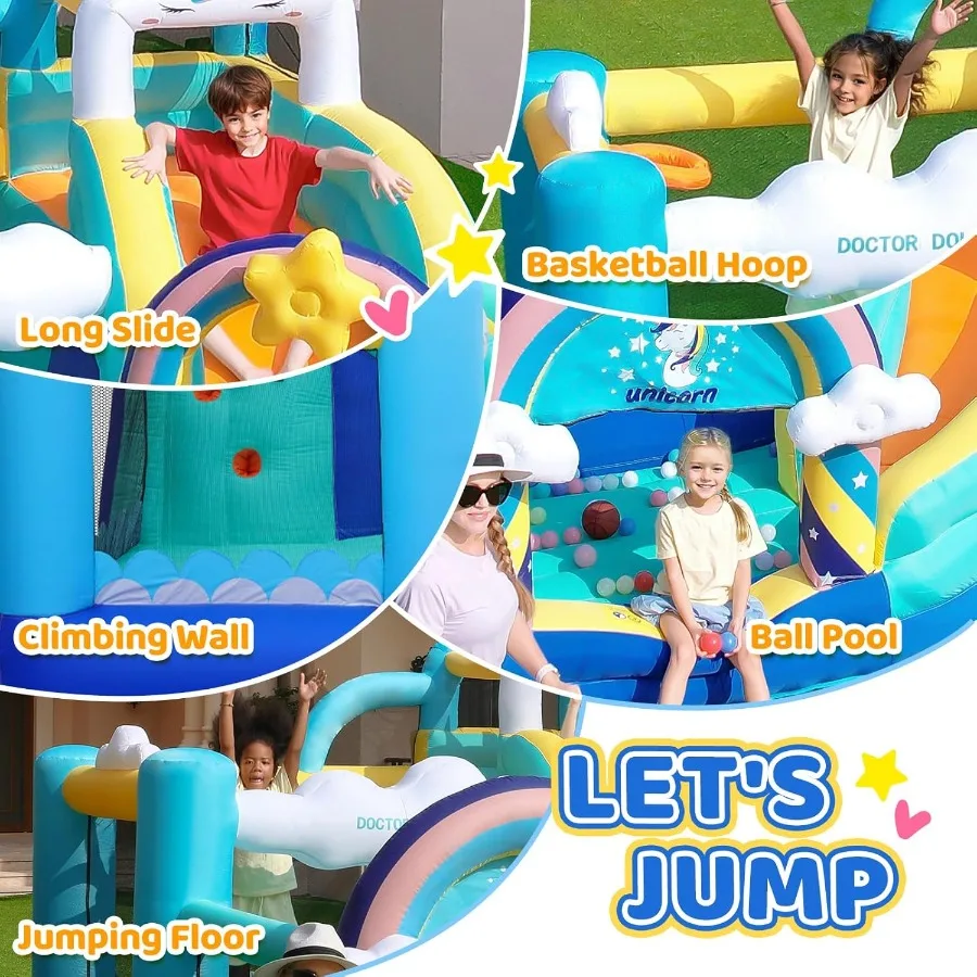 منزل ترتد قابل للنفخ، منزل يونيكورن مع منزلق، منزل نطاط قابل للنفخ مع حفر كروية، حارس القفز للأطفال من سن 4 إلى 8 سنوات،