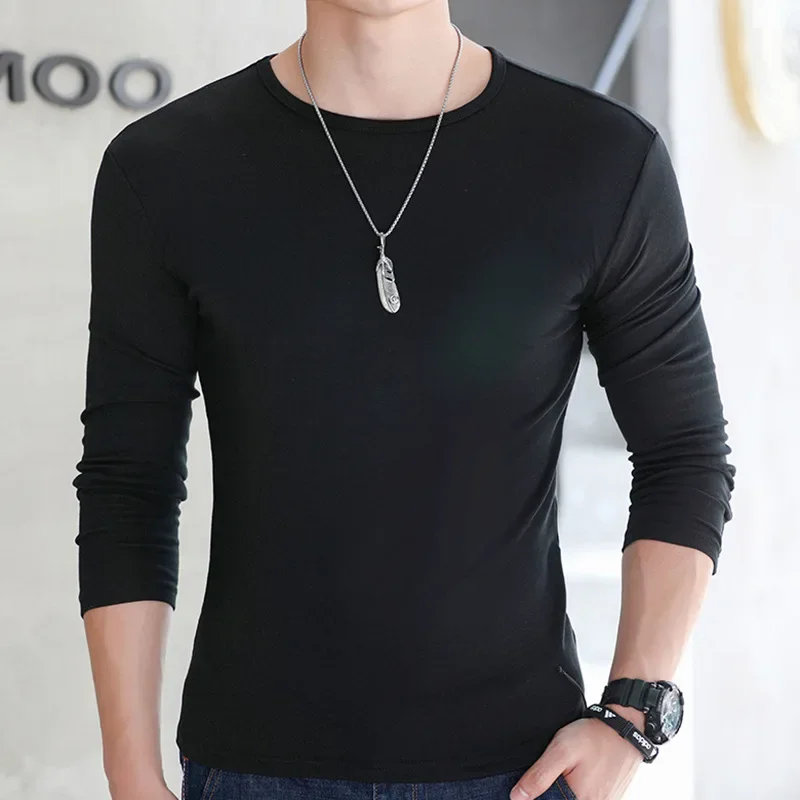 Men T-shirt Long Sleeve Solid Color Bottoming Shirts O-neck Pullover Tops Slim Fit Spring Autumn White Black Oversize Tees