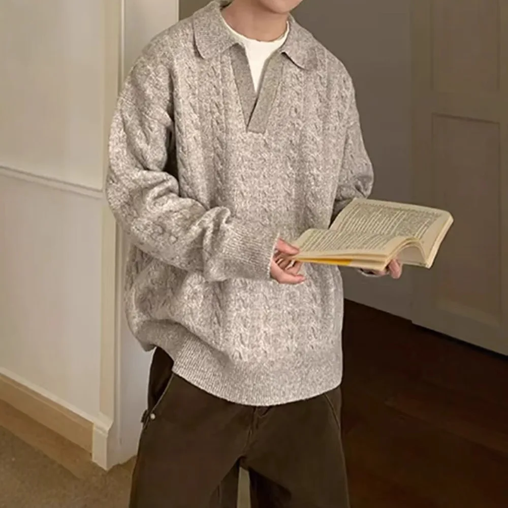 Man Knitting Sweater 2025 Winter Men's Grey Fake Two Piece Sweater Non Pilling V Neck Lazy Layering Knitwear