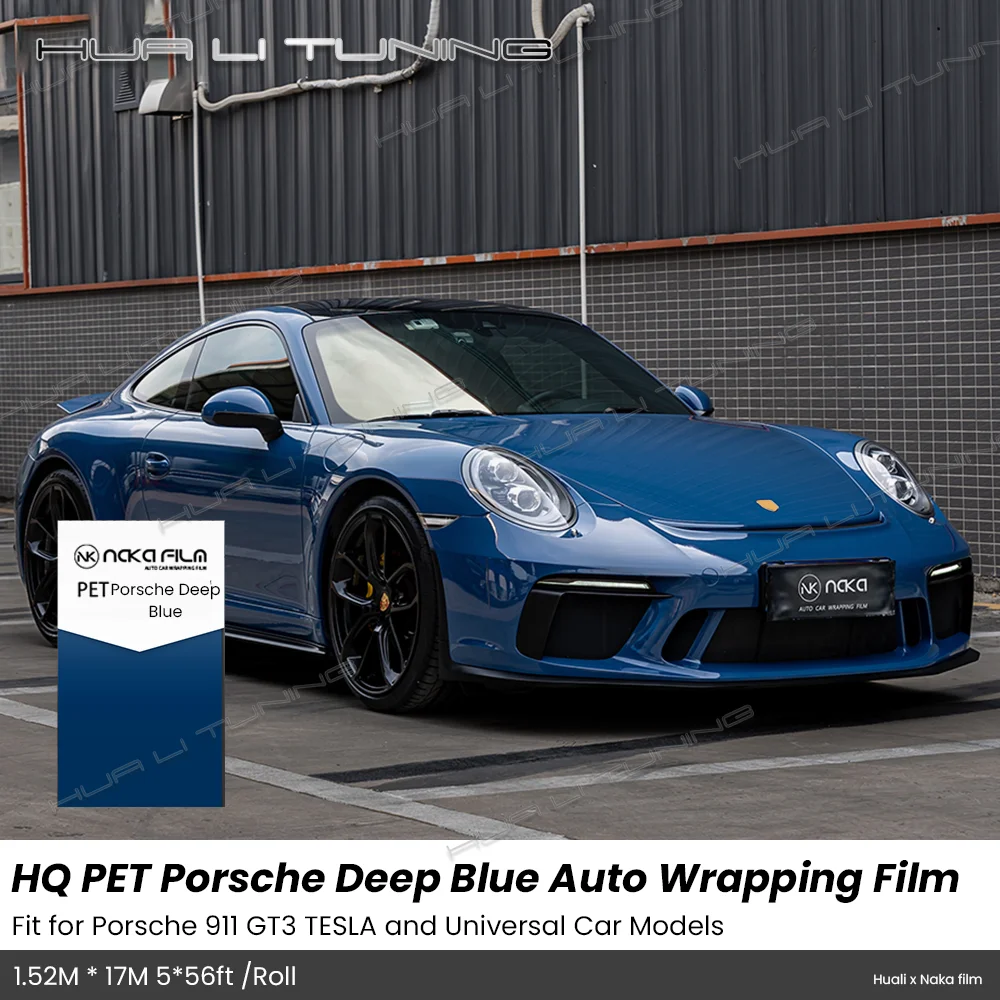 

Porsche Deep Blue Glossy Vinyl Wrap For Porsche 911 GT3 Tesla etc. LowTack 1.52*17M/Roll 5x56ft Air Bubble Free PET Auto Film