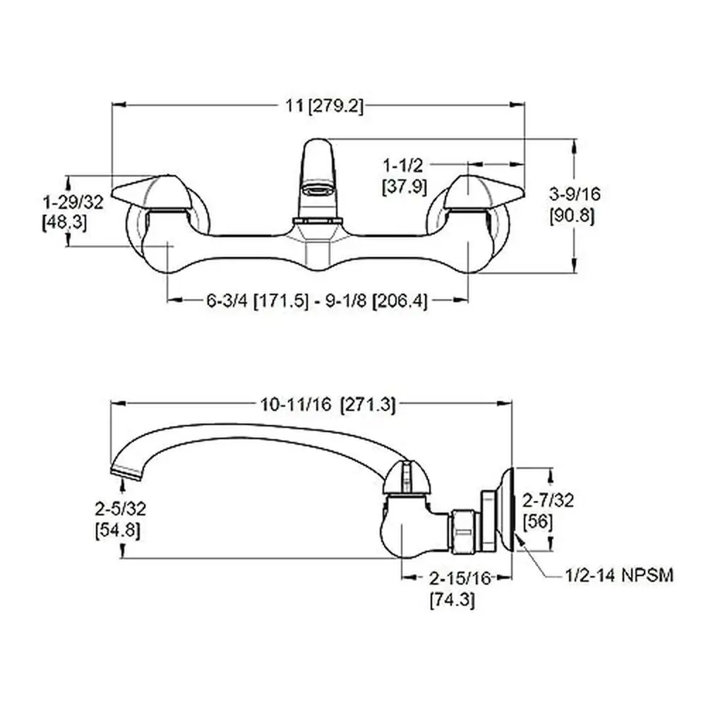 Wallmount Kitchen Faucet Low-Arc Swivel Spout Blade Handles Metal Finish