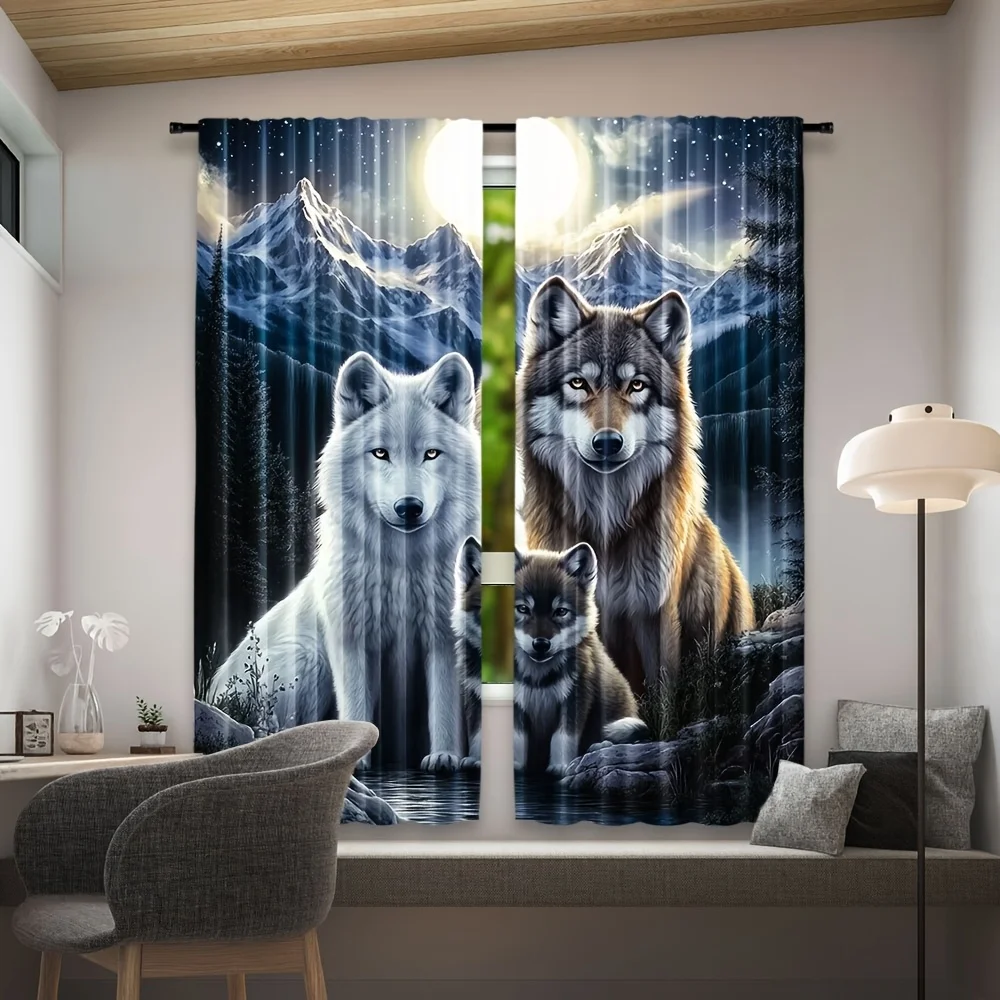 2pcs Wolf Pack Moonlight Blackout Curtains Wildlife Art Window Drapes for Living Room Mountain View 2 Panel Set