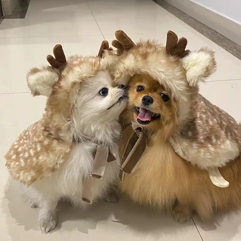 Christmas Dog Elk Cloak X-mas Pet Costume Brown Deer Cat Clothes Winter Warm Puppy Cape Party Dress Up for Small Dog Cat