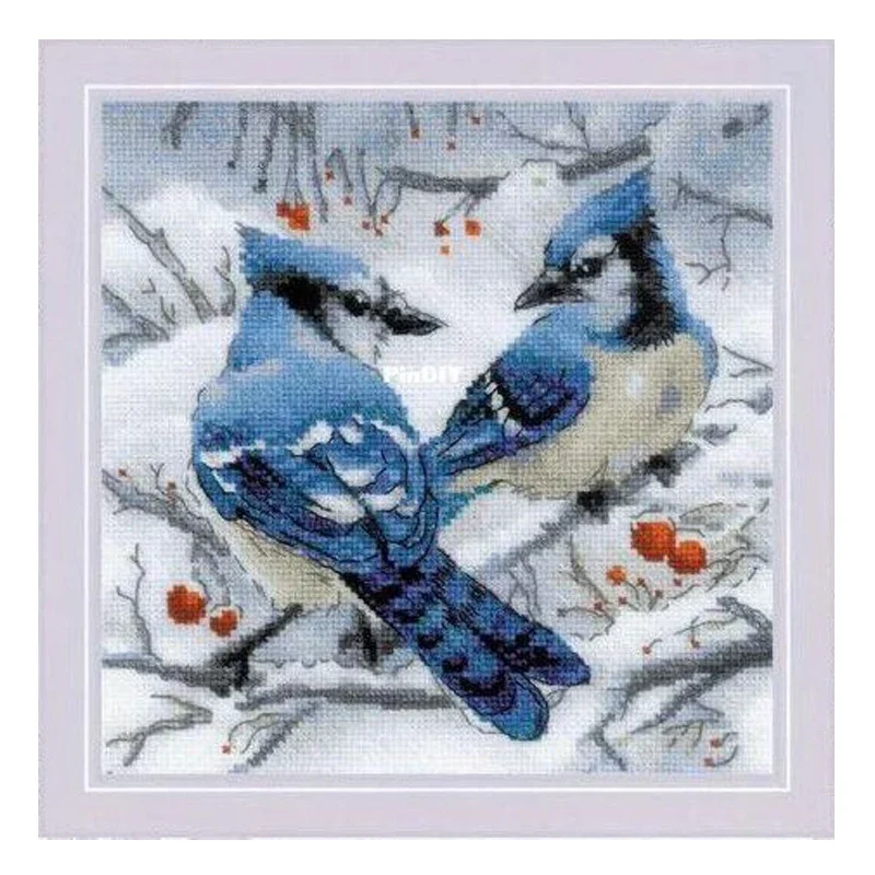 Amishop Lovely Counted Cross Stitch Kit Blue Jays Two Birds On The Tree Parrot Red Berries Riolis 1925 Diy Embroidery Needlework