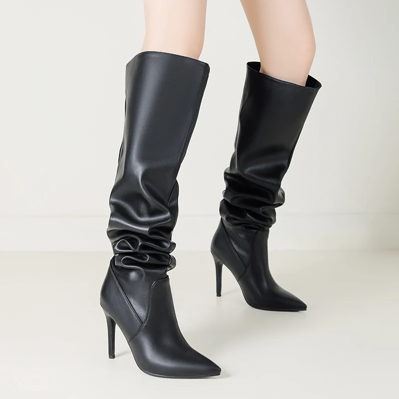 

Slouch Heels Boots Over the Knee Soft Leather for Women Wide Thigh High Boots Pleated Sexy Stiletto 2024