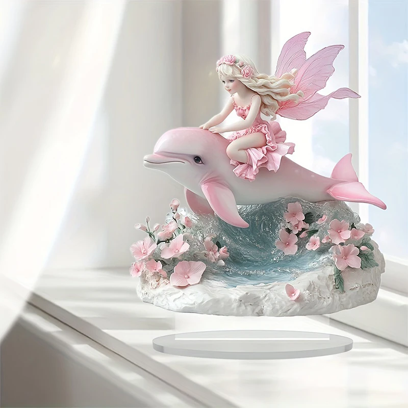 Fairy Decorations Charming Fairy Riding on A Dolphin Figurine Acrylic Flat Ornaments for Home