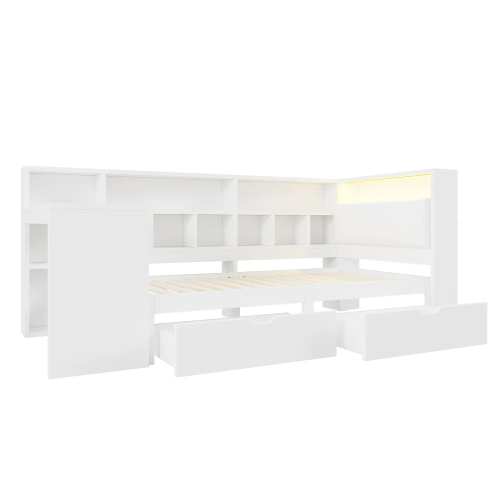 90x200 L-förmiges Plattformbett aus Holz mit Schreibtisch und Bücherregal, Eckkapitänsbett mit gepolstertem Kopfteil, Schubladen, LED-Licht – Detail 15
