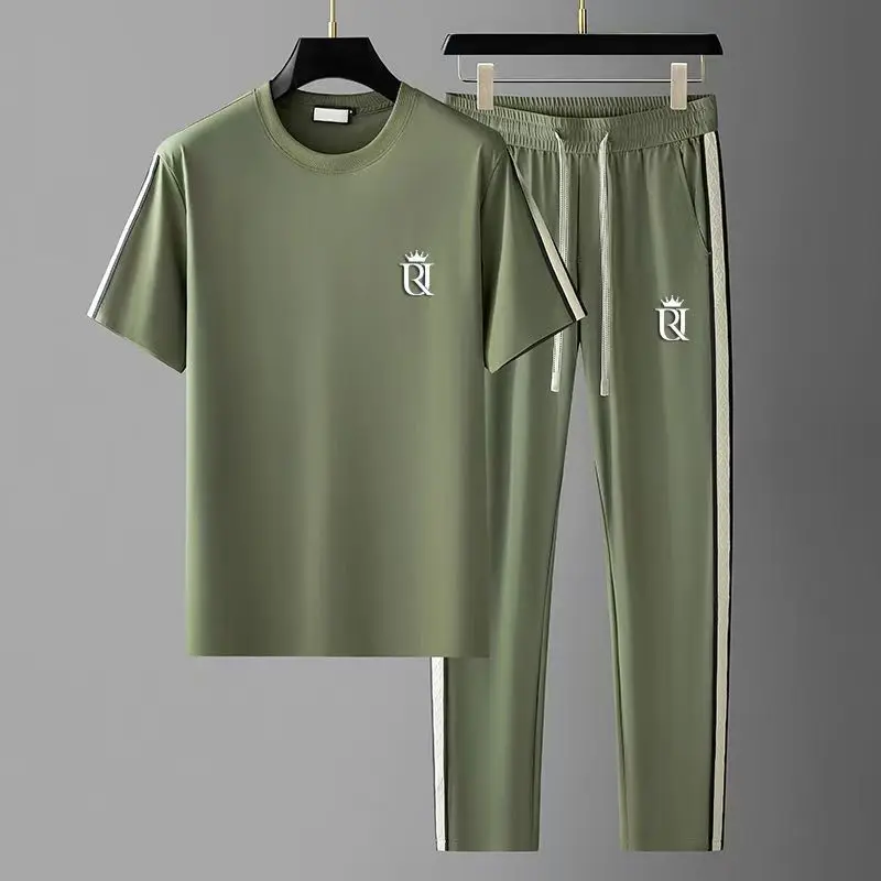 

Summer Men's Casual Sportswear Set, Summer Fashion 2-Piece co ord set With Short Sleeve T-Shirt & Side Stripe Pants
