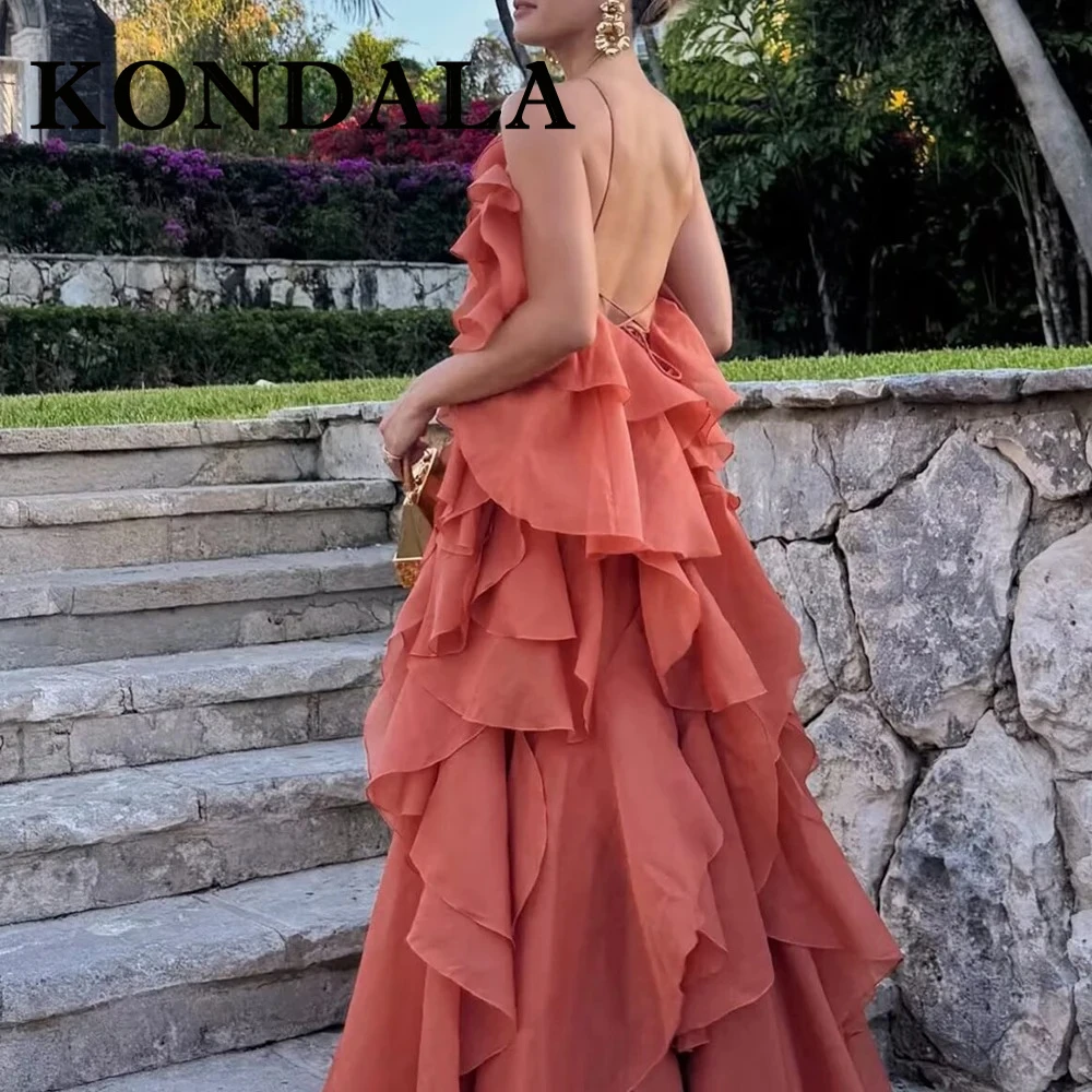 ชุดเดรสยาวเปิดหลังสีส้มลายดอกกุหลาบฤดูร้อน KONDALA แฟชั่น 2025 สายเดี่ยวทรงระบาย ชุดเดรสยาวสไตล์โบฮีเมียนสำหรับวันหยุดพักผ่อน Y2K