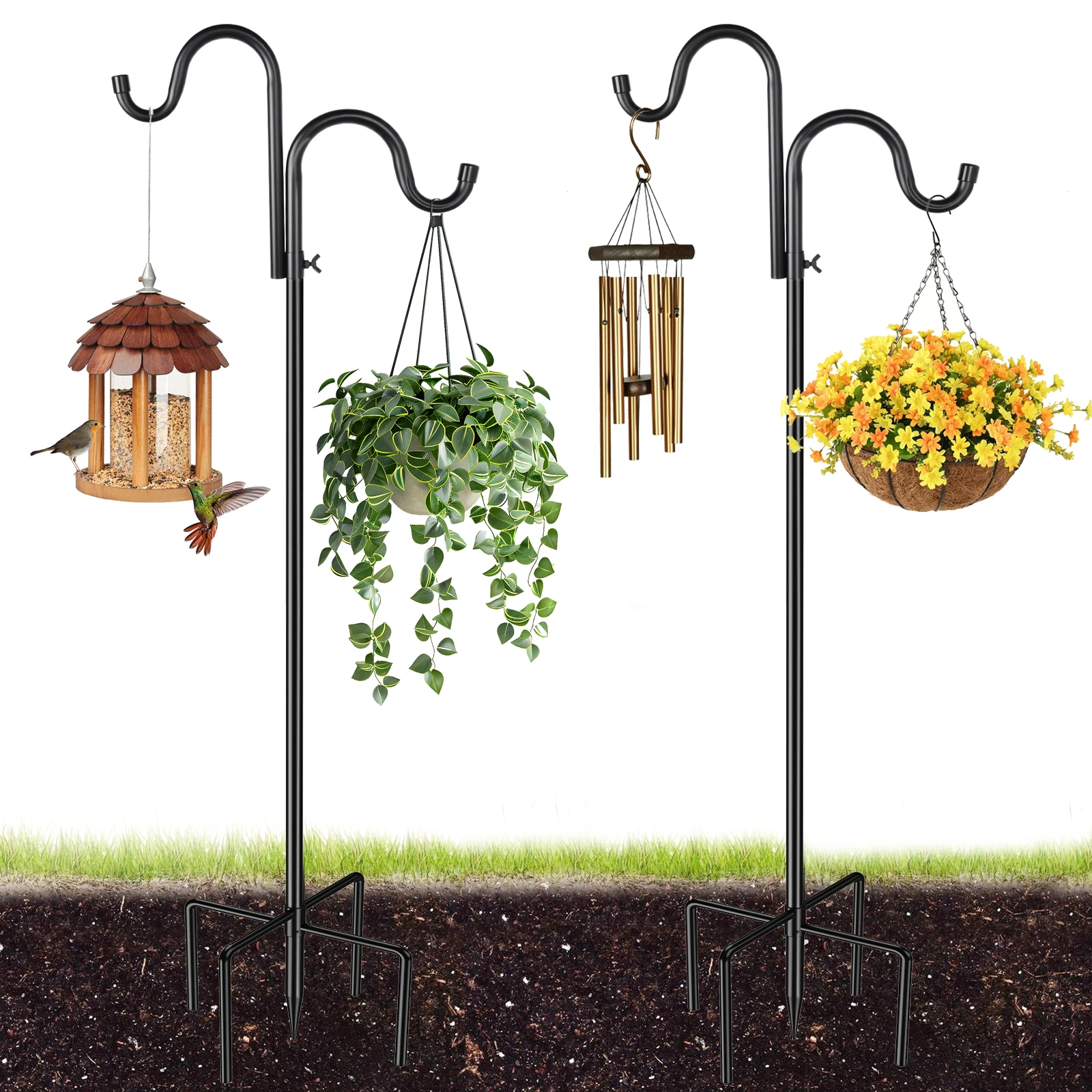 Support de mangeoire à oiseaux d'extérieur avec crochets de berger, hauteur réglable, support de jardin, lanterne lumineuse, crochet de suspension en métal avec base à 5 branches