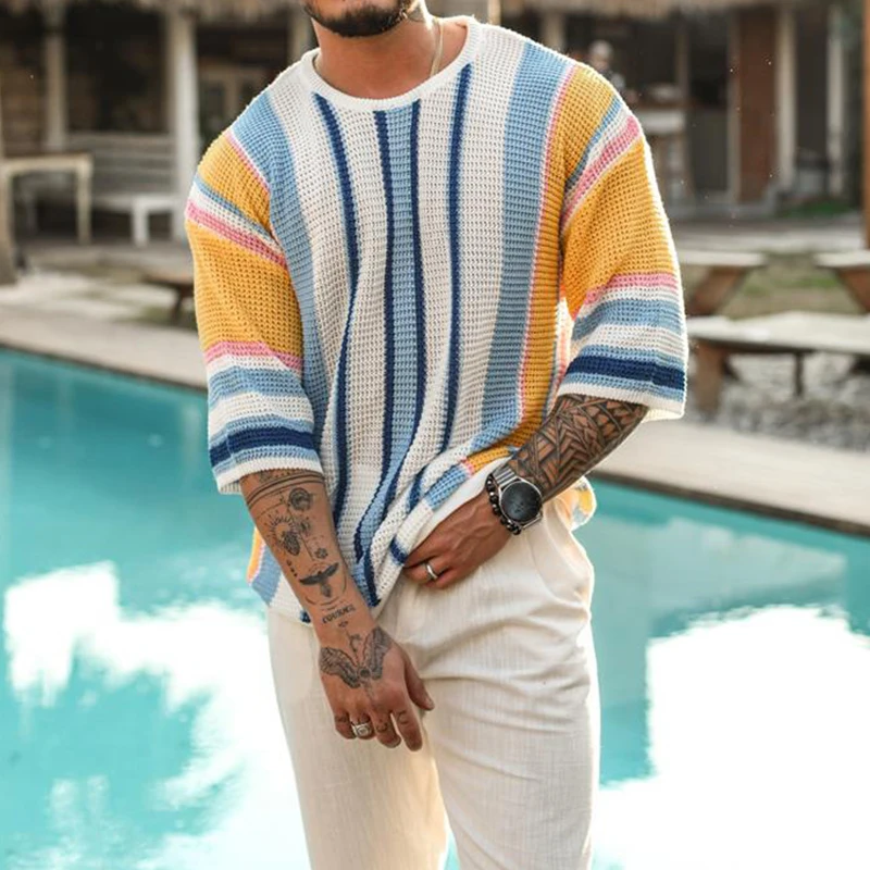 Beach Casual Breathable Hollow Out Knitted Tops Men Summer Jumpers Fashion Striped Crochet Knitting T-shirt Vintage Mens Clothes