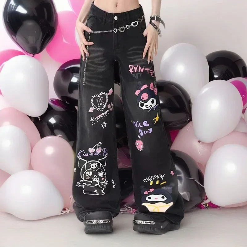 Sanrio Kuromi Graffiti Jeans Women High Waisted Wide Leg Pants Y2k Hip Hop Gothic Hello Kitty Jeans Cartoon Bell-Bottom Trousers