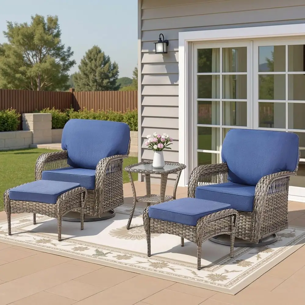 

Outdoor Patio Sectional Sofa Set with Rocking Swivel Chairs, 5 Deep Seating, Blue/Gray Wicker Rattan