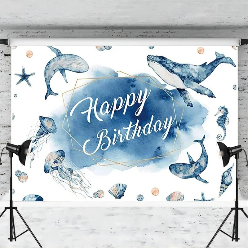 Blue Ocean Happy Birthday Backdrop Marine Animals Photo Background for Home Indoor Outdoor Party Decorations Banner Supplies