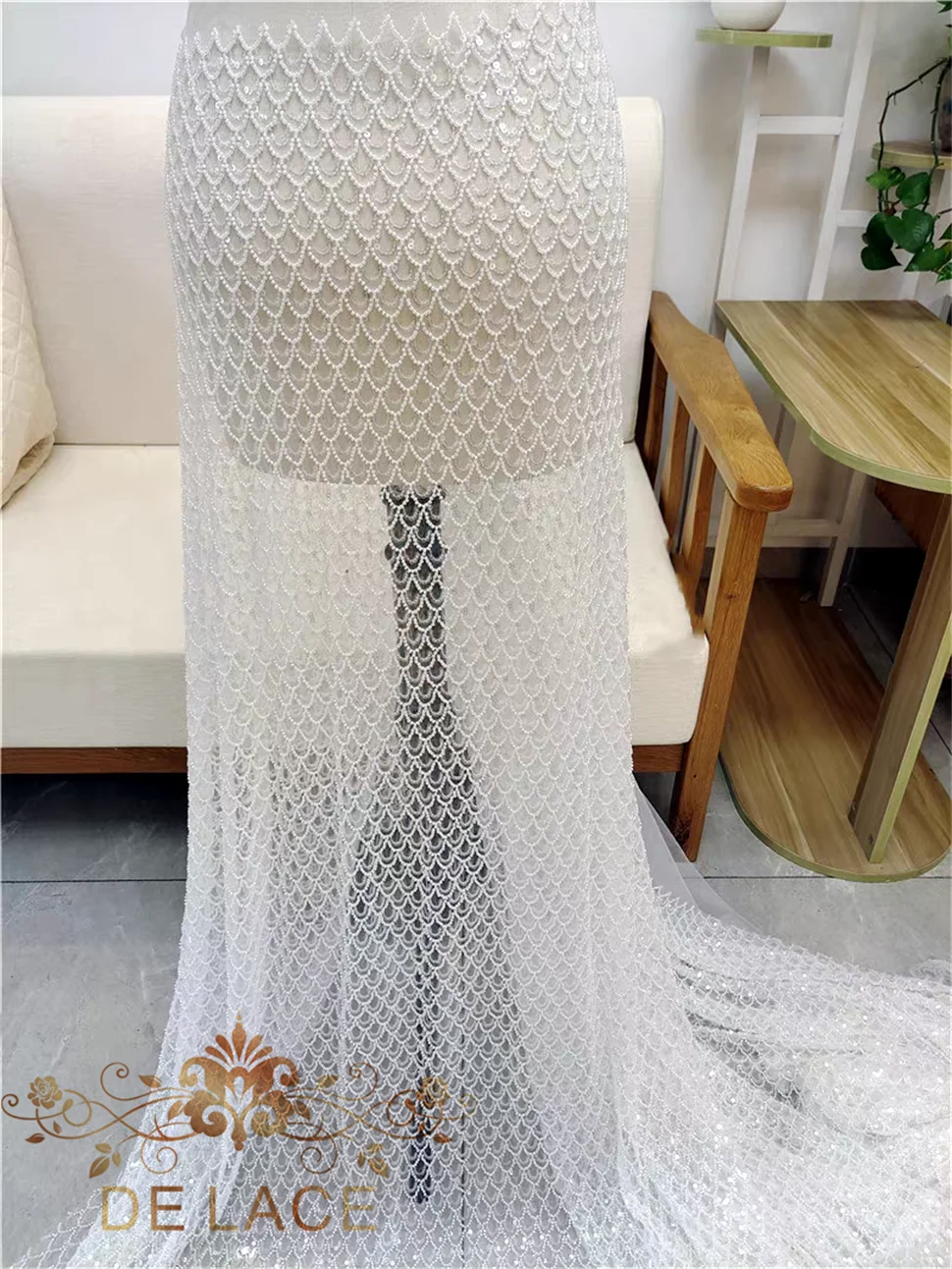 JZQ Luxury Heavy Beaded Mermaid Scale Pattern Fabric for Wedding Dresses Beautiful DIY Beading and Sequins Lace Fabric