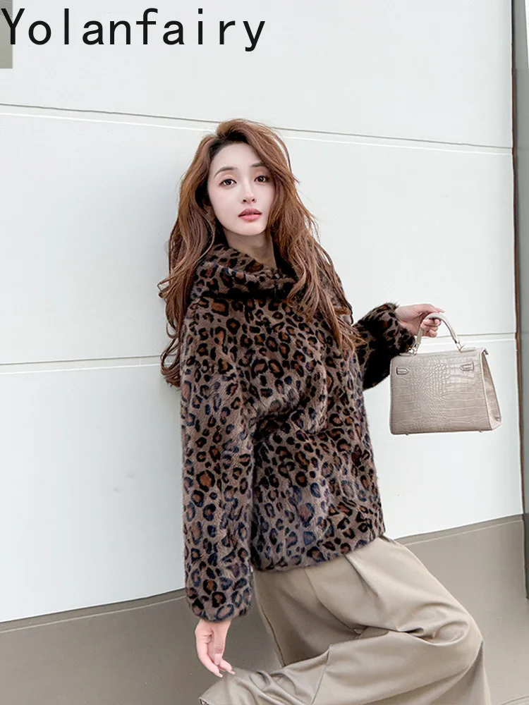 เสื้อโค้ทขนมิงค์แท้คุณภาพสูง YOLANFAIRY พร้อมฮู้ด เสื้อผ้าผู้หญิงแฟชั่นฤดูหนาว แจ็คเก็ตขนเสือดาว เสื้อโค้ทขนมิงค์แบบสั้น