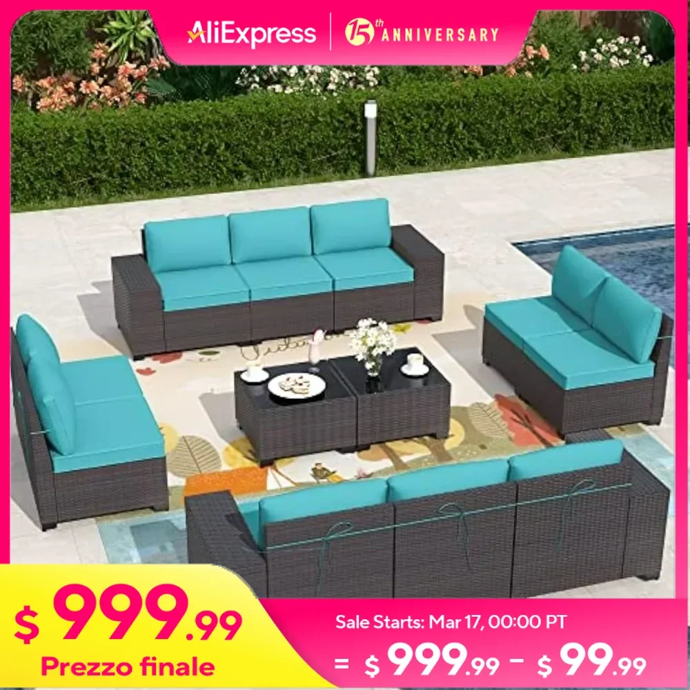 12 Pieces Outdoor Patio Furniture Set, PE Rattan Patio Conversation Set w/10 Turquoise Blue Seat Cushions and 2 Coffee Tables