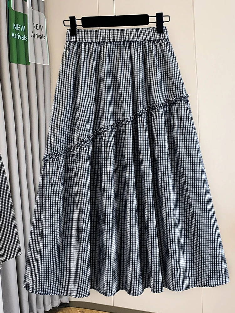 High Waist Plaid Half Skirt Women's Summer Slim A-Line Umbrella Skirt Elastic Lace Trim Design Sensation Commute Style Cotton