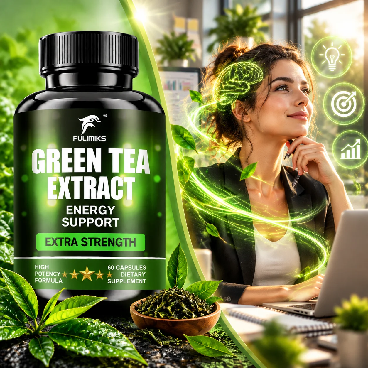 FULIMIKS Green Tea Extract Capsules with Apple Cider Vinegar, Support Brain & Heart Health, Antioxidant, Energy for Men & Women