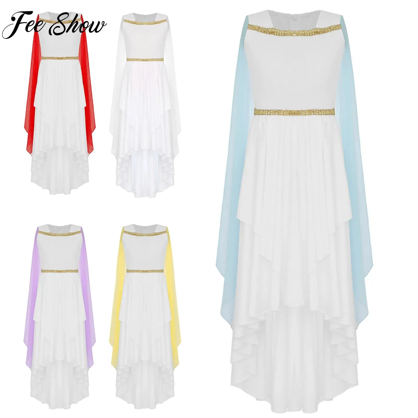 

Girls Ancient Greek Godess Princess Toga Cosplay Costume Shawl Flowy Greek Dress for Kids Halloween Party Performance Clothes