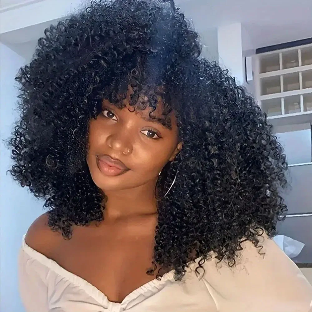 

Афро-кудрявые вьющиеся синтетические волосы, черные парики с челкой, 18-дюймовые мягкие пушистые волокна, без кружевных париков для вечеринки, косплея, ежедневного использования