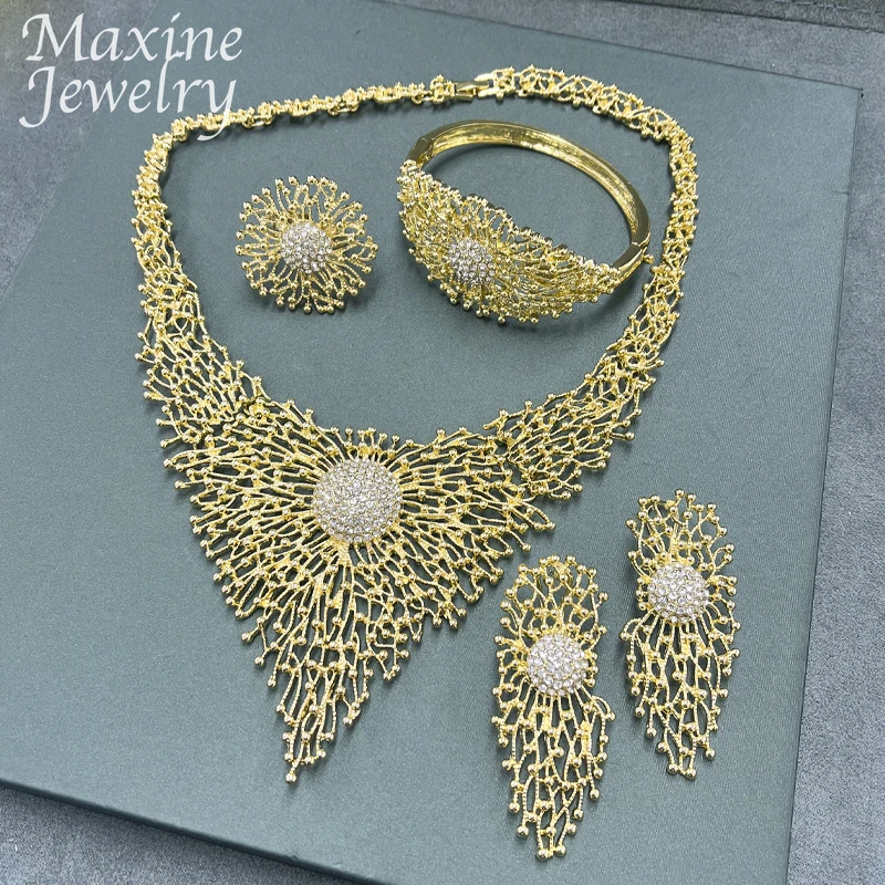 Luxury Original 18K Gold Plated Jewelry Set for Women Trendy Golden Necklace Earring Bracelet Ring Party Dubai Wedding Gifts