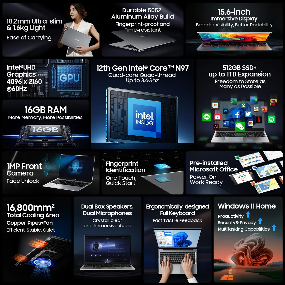 Blackview Acebook 8 Laptop 15.6'' Win 11 Procesor Intel Core N97 12. generacji 16GB DDR4 512GB SSD 5000mAh Bateria z ładowaniem 36W