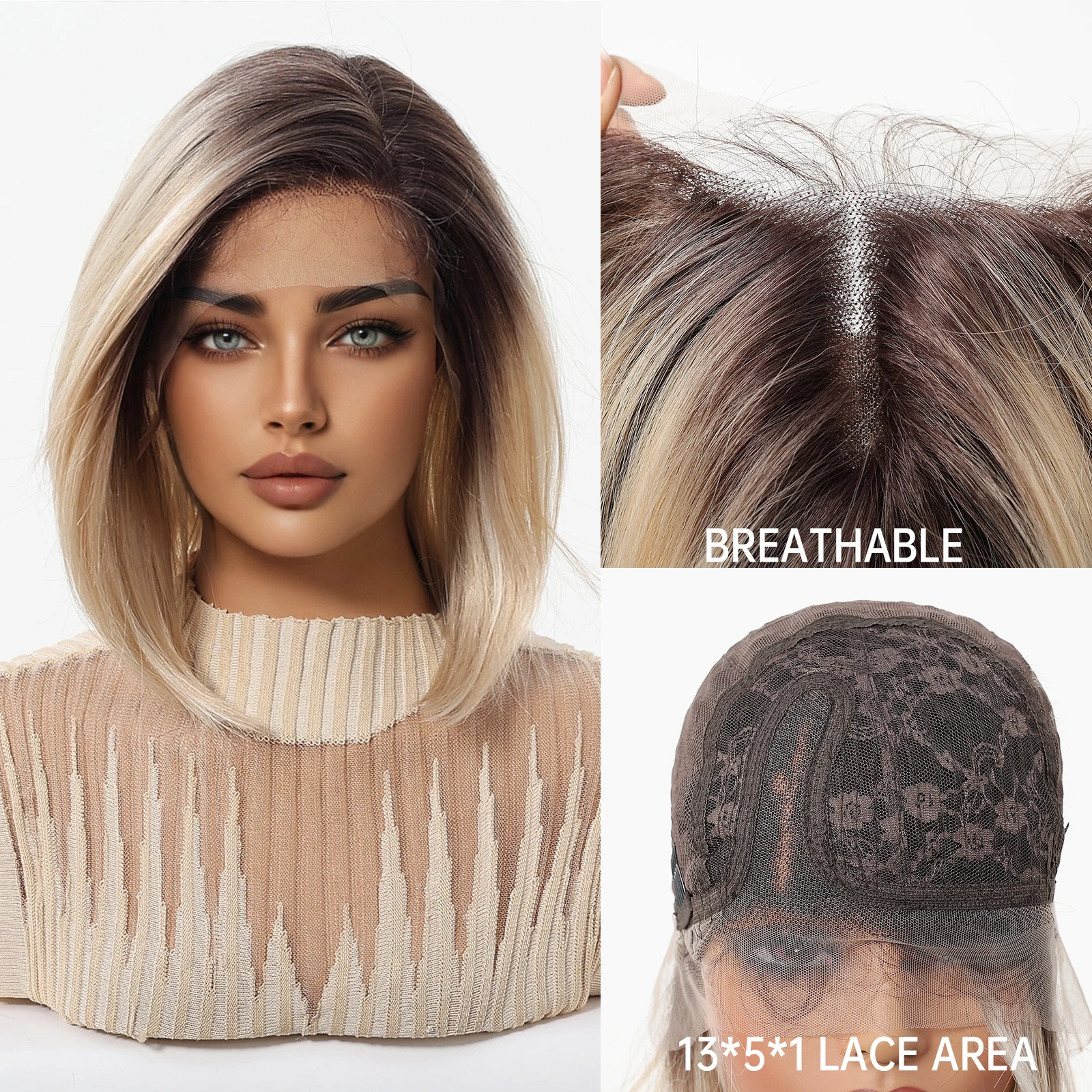 13x5x1 T Part Lace Front Wig Brown Blonde Ombre Center Part Short Straight Bob 10 Inch Hair For Women Natural Daily Look Cosplay