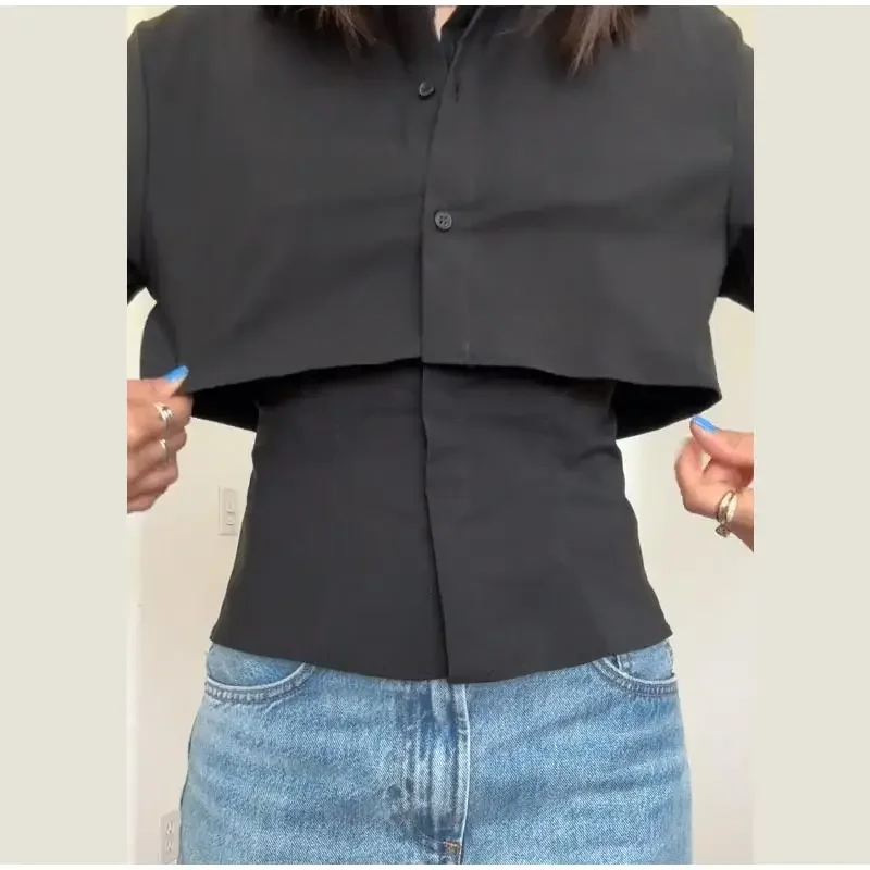 Women Chic Patchwork Black Shirt Casual Lapel Single Breasted Short Sleeve Blouse 2025 Spring Summer NewAll-matching Tops Lady