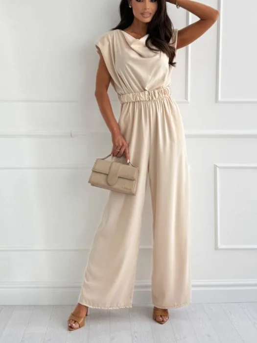 Cross-Border Style Summer New Apricot Belted Waistless Sleeveless Jumpsuit Long Pants Casual Straight Leg Pants for Women