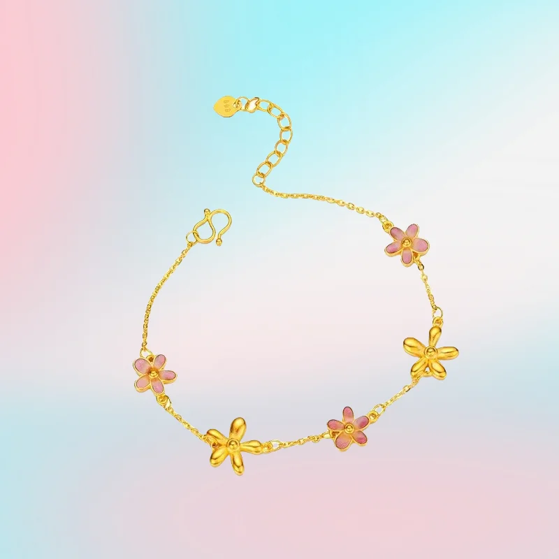 

NEW 9999 Real Gold 24K French Premium Monet Garden Orange Blossom Bracelet Enamel Five Flowers Bracelet
