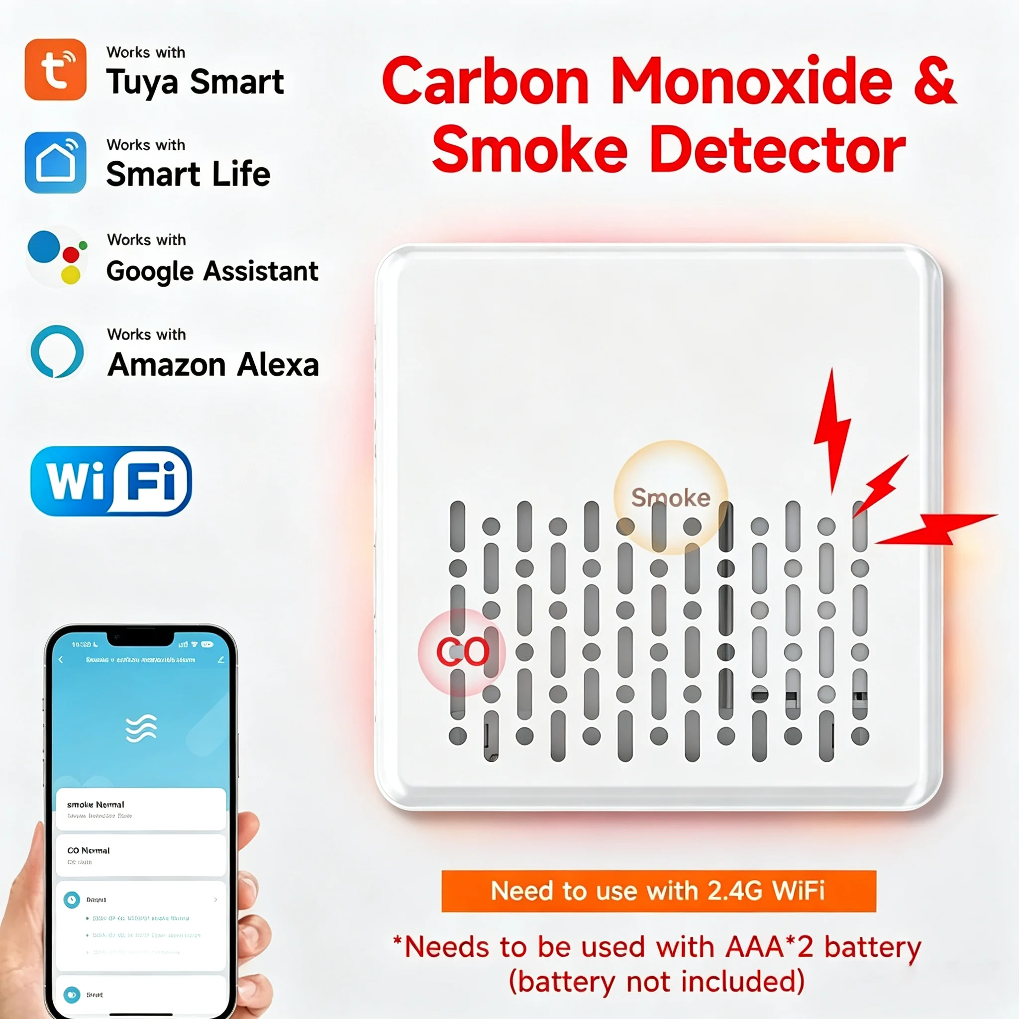 Tuya Smart WiFi Smoke CO Detector Carbon Monoxide Fire Alarm Smart Life App Remote Alert Alexa Google Assistant Home Fire Sensor