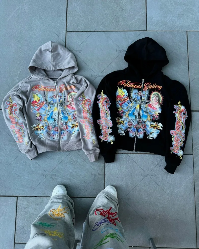 Hoodie com zíper com letras estampadas para homens, gótico Y2K estilo punk, harajuku retrô, moletom extragrande hip-hop, jaqueta casual solta, rua alta