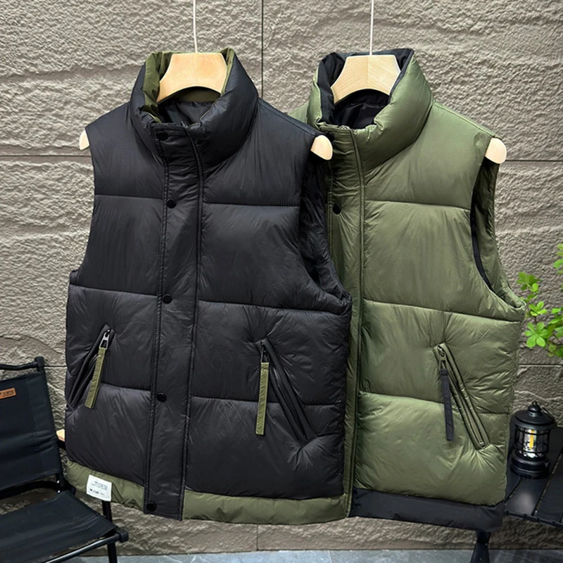 

Autumn Winter Men Down Cotton Vest Casual Stand Up Collar Quilted Sleeveless Thicken Jacket Fashion Simple Warm Vests Coat