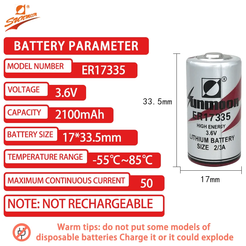 ER17335 2/3A size 3.6V primary lithium battery for smoke alarm water meter PLC industrial control servo